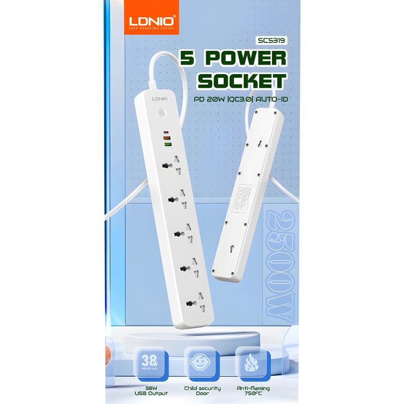 Multi-Socket Extension With 5 AC Outlets And 3 USB Ports