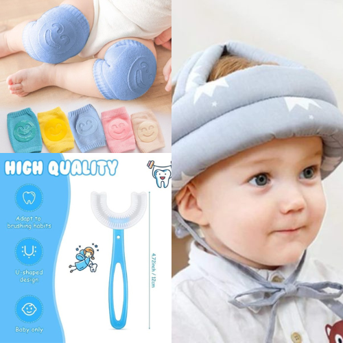 Combo Pack Baby Head Protector with Knee Pad and U Shape Brush