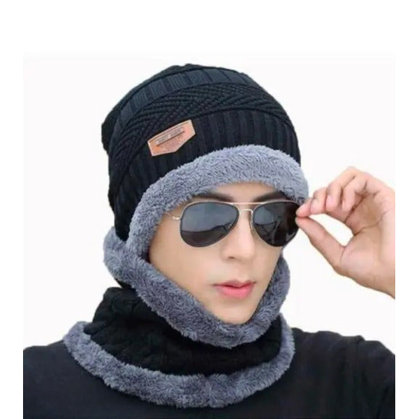 Woolen Winter Beanie Head Cap With Neck Warmer Muffler